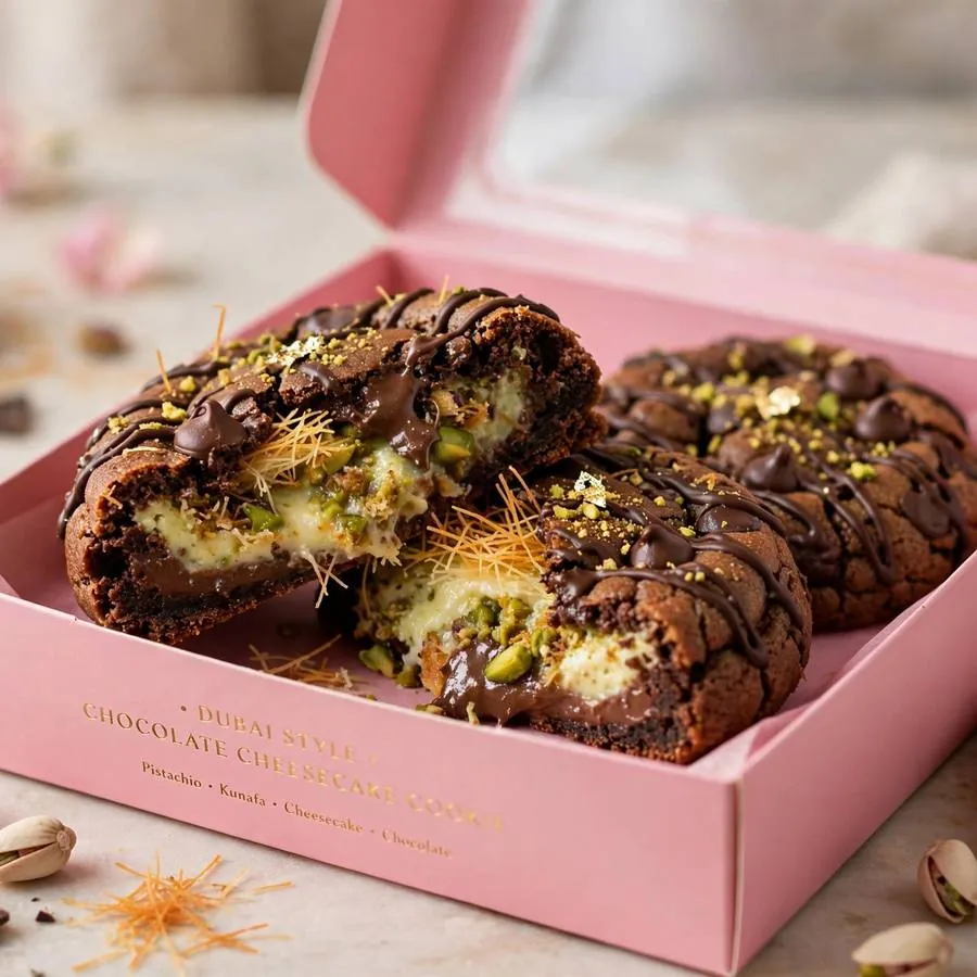 Dubai style chocolate cheesecake cookie presented in a pink Crumbl bakery box