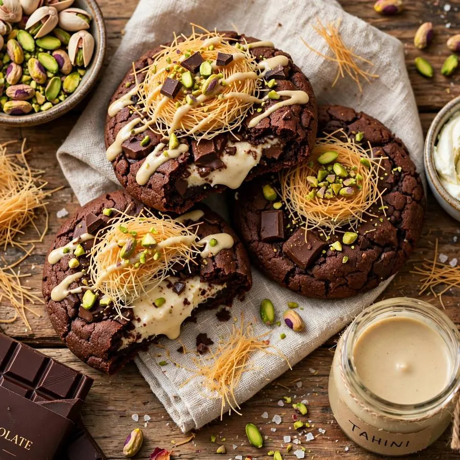 Dubai style cookie with pistachios, kataifi pastry and dark chocolate on a wooden table