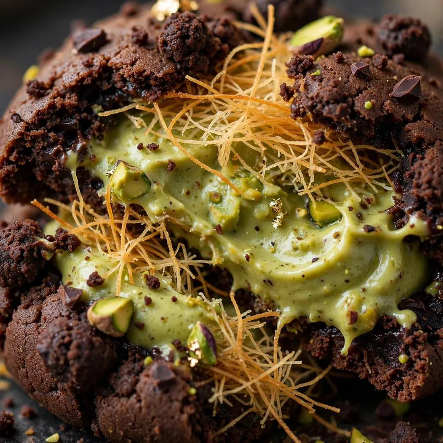 Extreme close-up of the Dubai-Style Chocolate Crumbl Cookie showing pistachio cream and crispy kataifi shreds detail