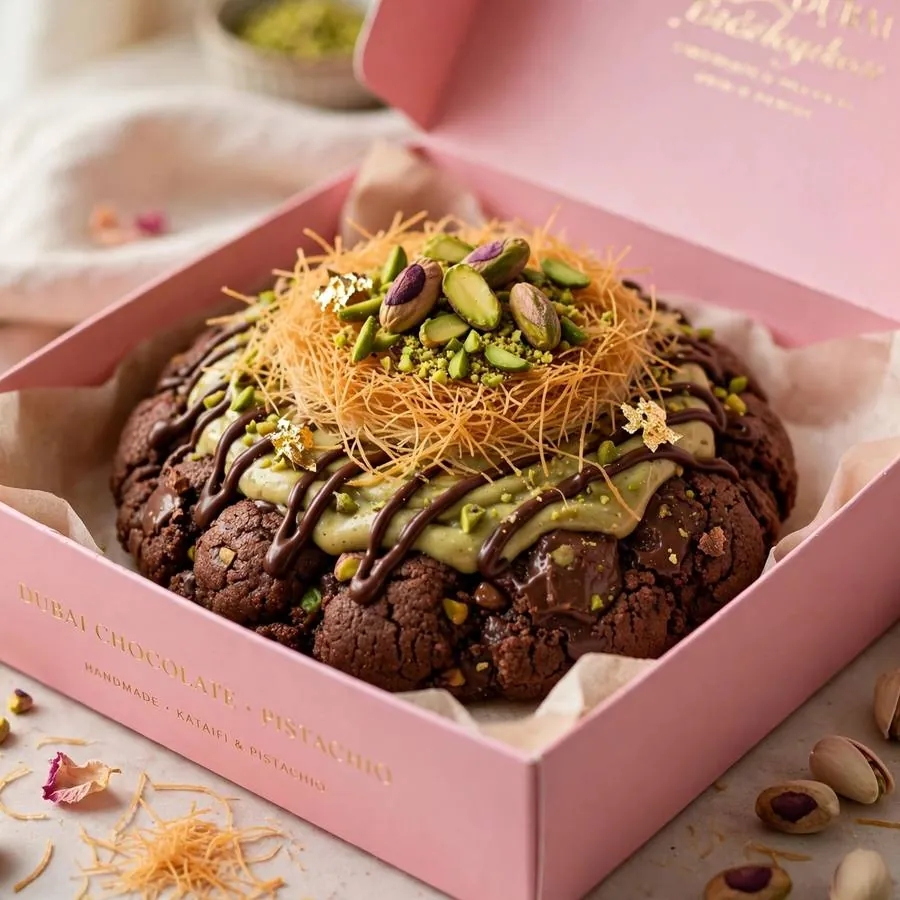 Dubai-Style Chocolate Crumbl Cookie served in a pink bakery box