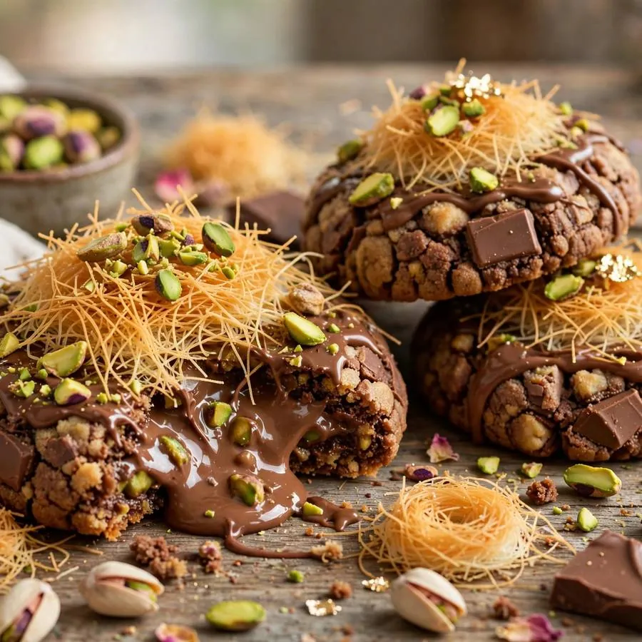 Dubai-Style Chocolate Crumbl Cookie with pistachios, kataifi pastry and milk chocolate arranged on a rustic wooden table