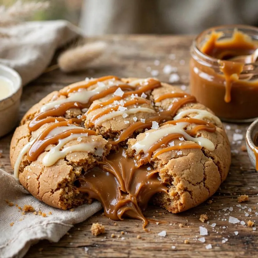 Dulce De Leche cookie with caramel sauce, condensed milk and sea salt on a wooden table