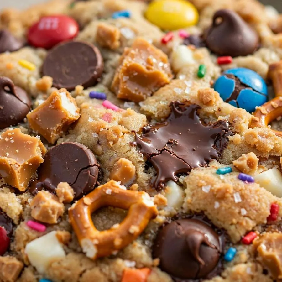 Extreme close-up of mixed candy pieces and chocolate chips packed onto a cookie