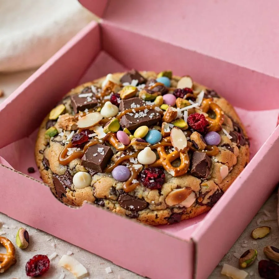 Everything cookie loaded with toppings served in a pink bakery box