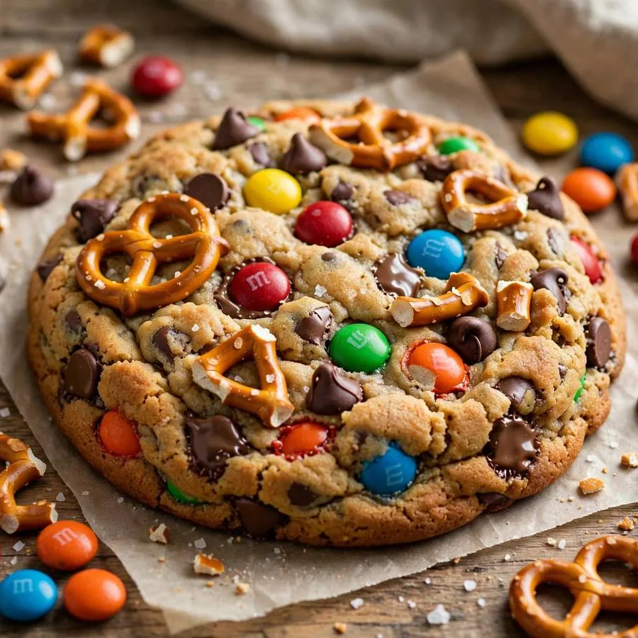 Everything cookie beside mixed candies, chocolate chips and pretzel pieces on a wooden table