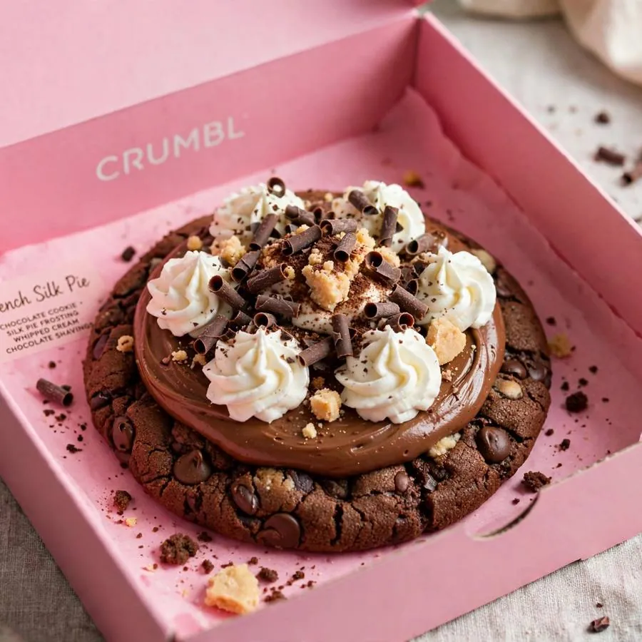 French Silk Pie Crumbl in a pink bakery box