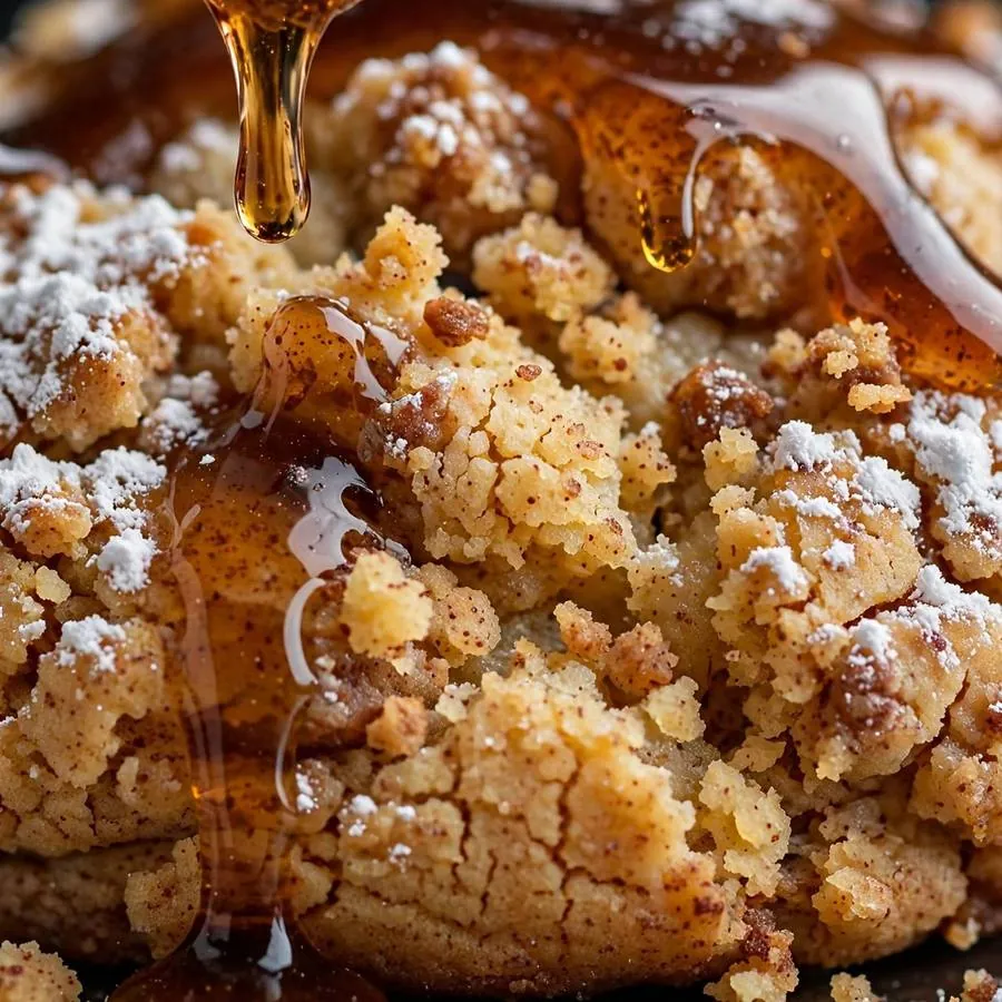 Maple syrup glaze and powdered sugar over the golden French toast cookie