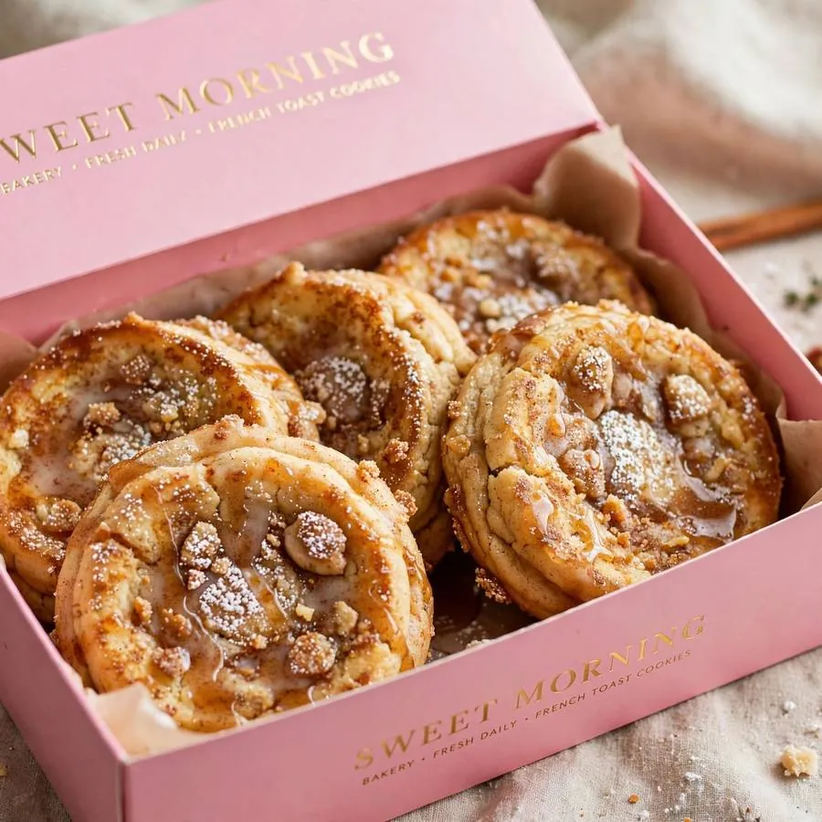 French toast cookie presented in a pink Crumbl bakery box
