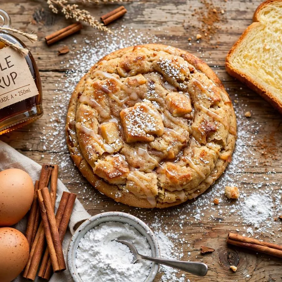 French toast cookie with maple syrup, brioche, eggs and cinnamon on a wooden table