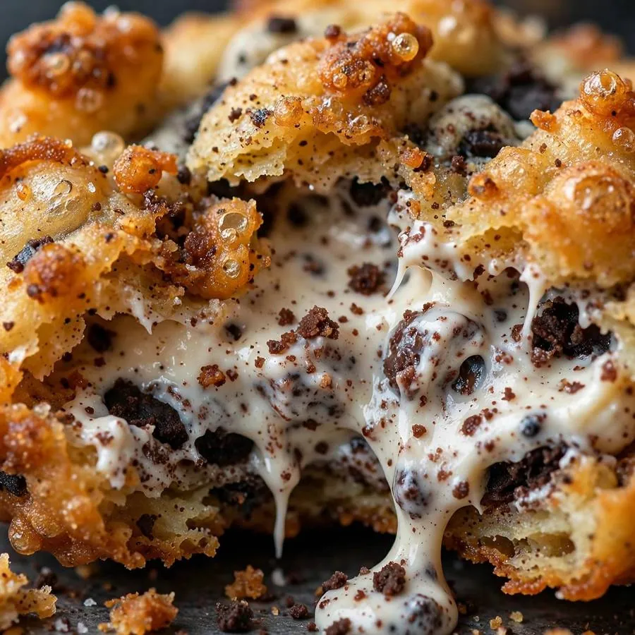 Extreme close-up of the Fried Cookies and Cream Crumbl Cookie showing golden crispy exterior with creamy cookie filling detail