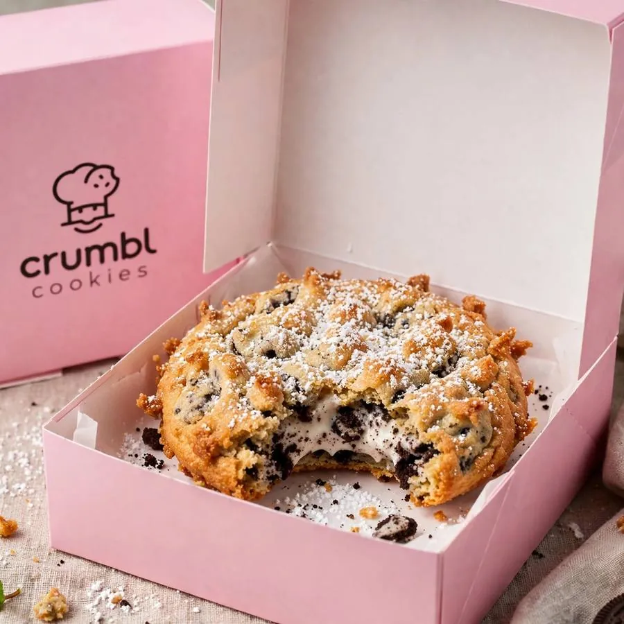 Fried Cookies and Cream Crumbl Cookie served in a pink bakery box