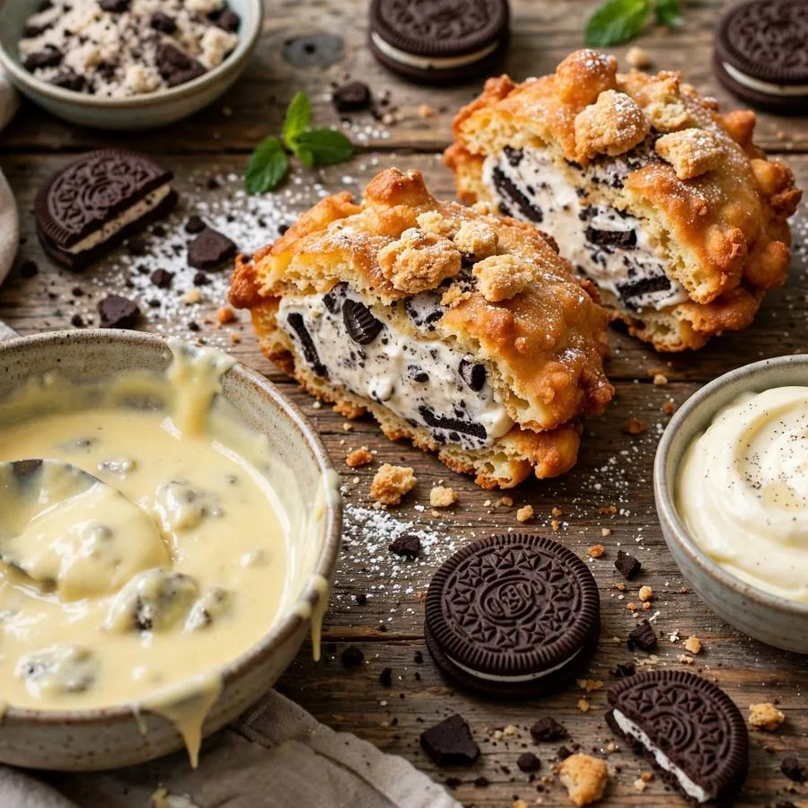 Fried Cookies and Cream Crumbl Cookie with sandwich cookies, batter and vanilla cream arranged on a rustic wooden table
