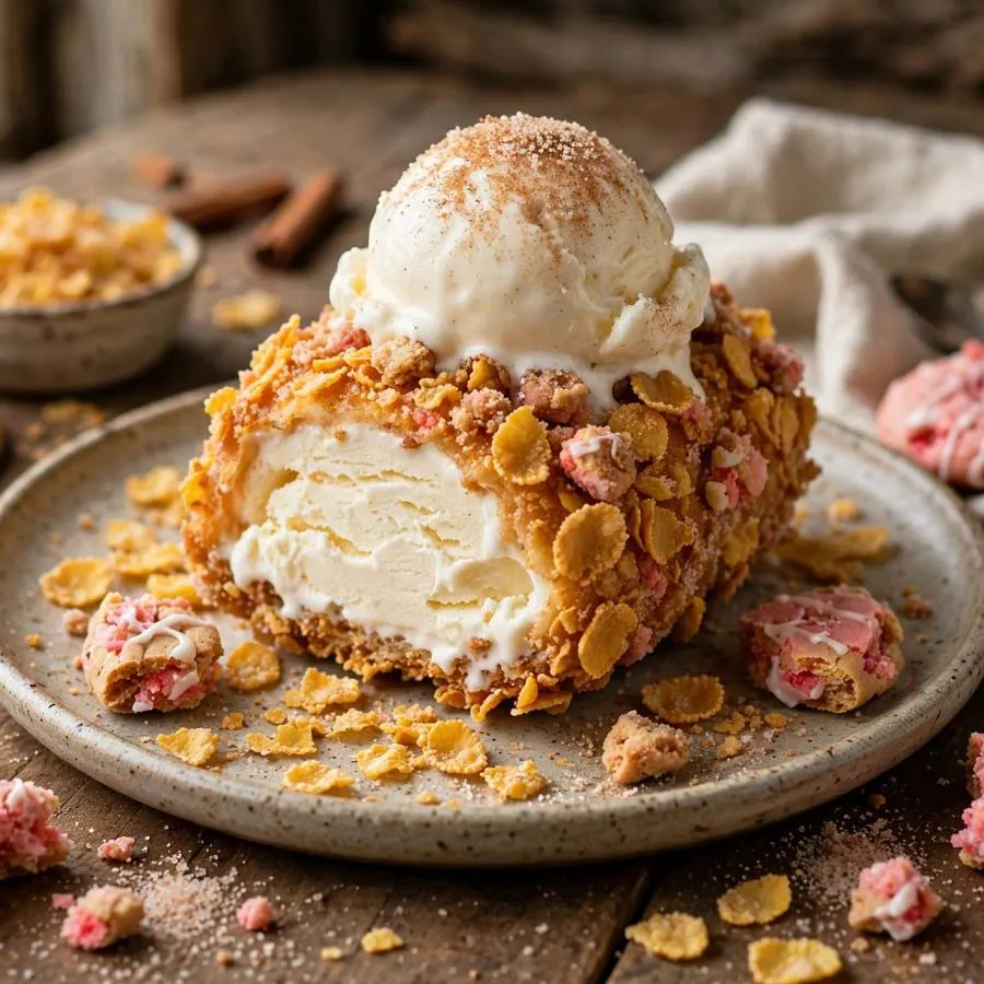 Fried Ice Cream cookie with vanilla ice cream, cinnamon sugar and cornflakes on a wooden table