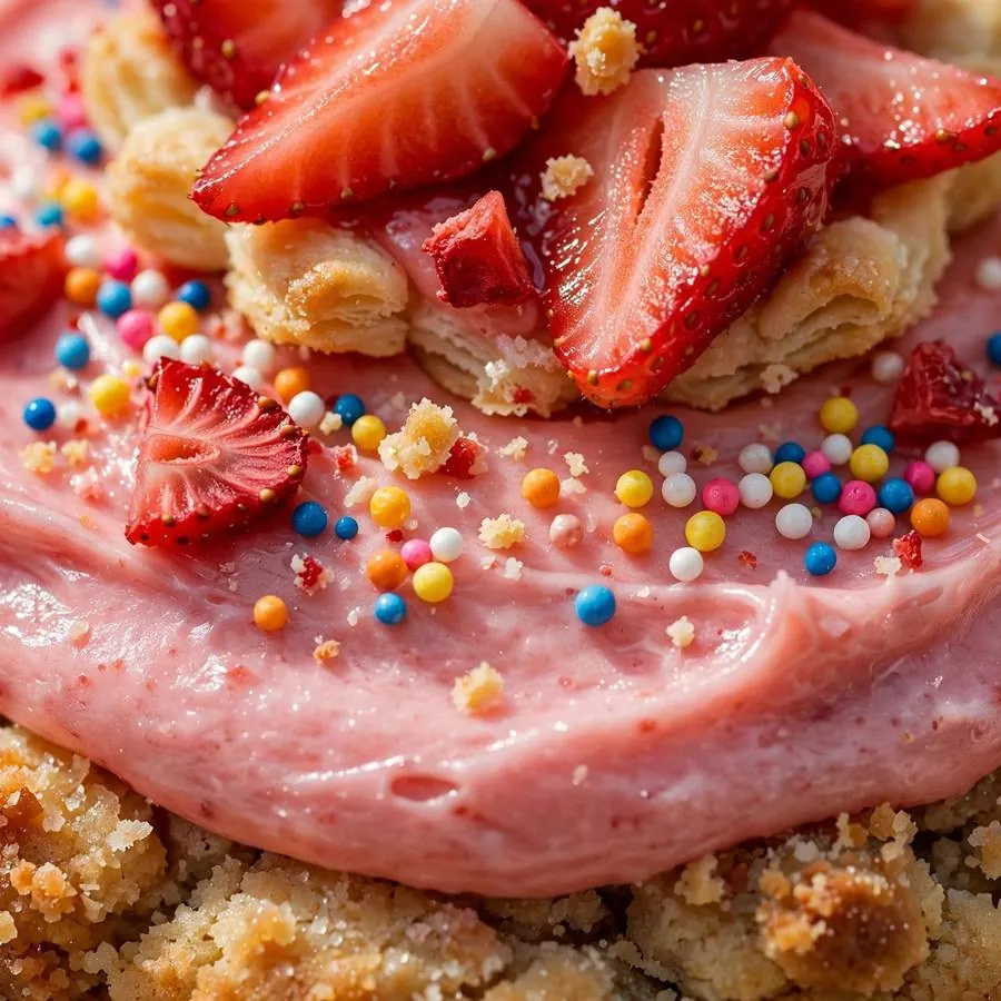 Extreme close-up of pink strawberry frosting, sprinkles and pastry tart pieces on a cookie
