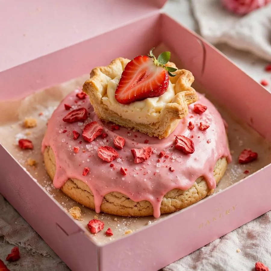 Frosted strawberry cookie topped with a pastry tart, served in a pink bakery box