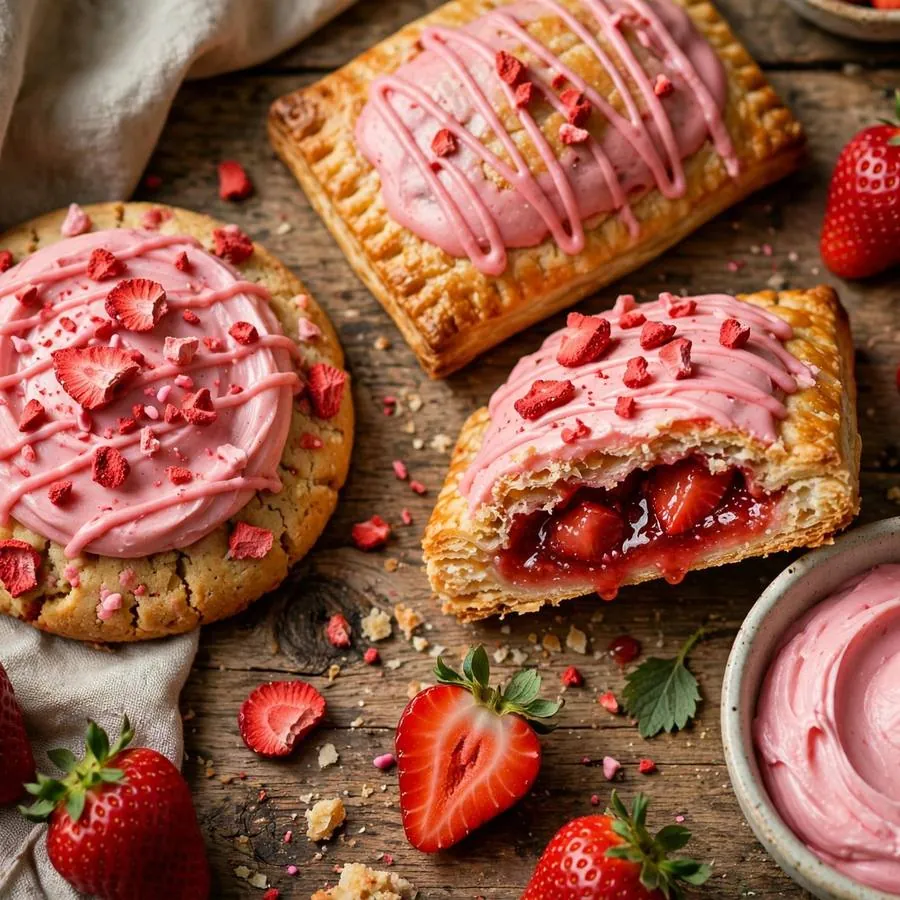 Frosted strawberry cookie beside strawberry toaster pastries, fresh strawberries and pink frosting on a wooden table
