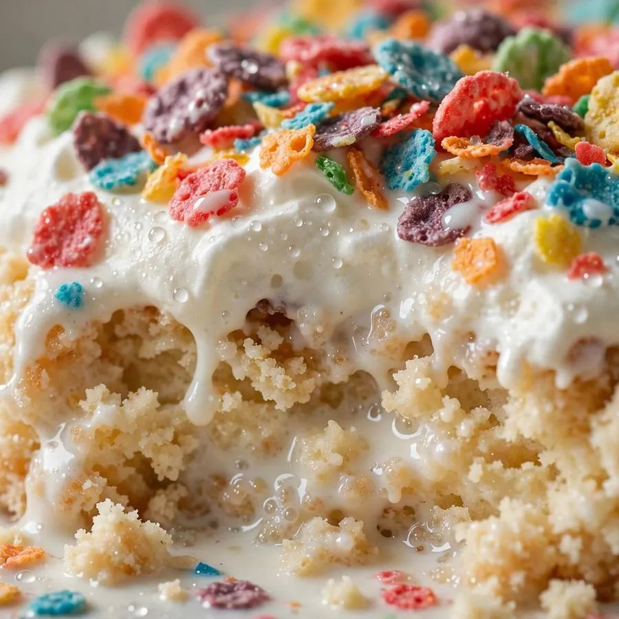 Colorful fruity cereal topping on Fruity Cereal Milk Tres Leches Crumbl Cake Colorful fruity cereal topping on Fruity Cereal Milk Tres Leches Crumbl Cake