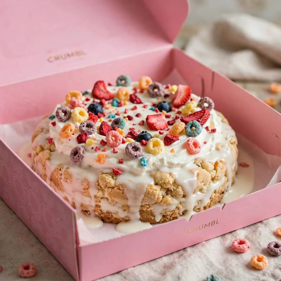 Fruity Cereal Milk Tres Leches Crumbl Cake in a pink bakery box Fruity Cereal Milk Tres Leches Crumbl Cake in a pink bakery box