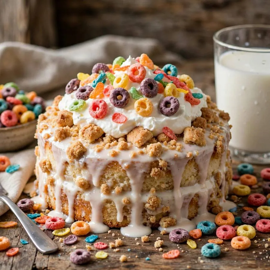 Fruity Cereal Milk Tres Leches Crumbl Cake with fruity cereal, a glass of milk and whipped cream Fruity Cereal Milk Tres Leches Crumbl Cake with fruity cereal, a glass of milk and whipped cream