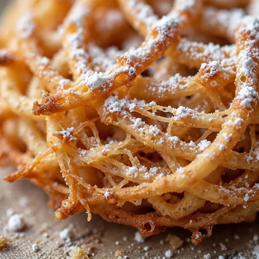 Crispy webbed funnel cake topping dusted with powdered sugar