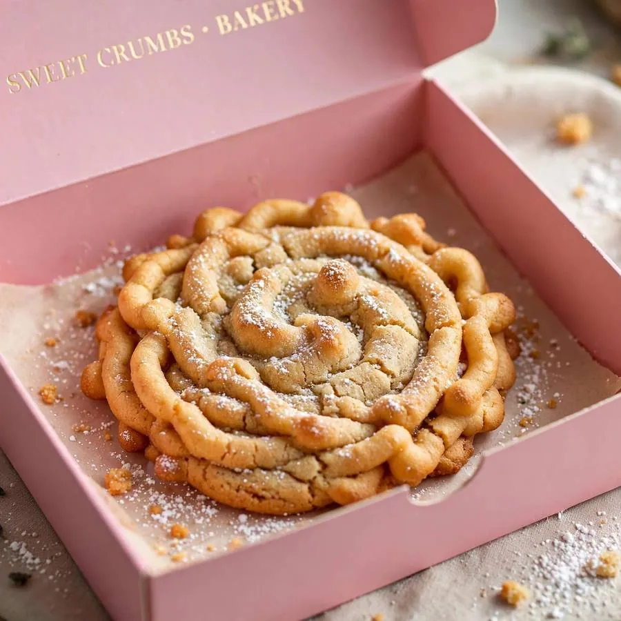 Funnel cake cookie presented in a pink Crumbl bakery box