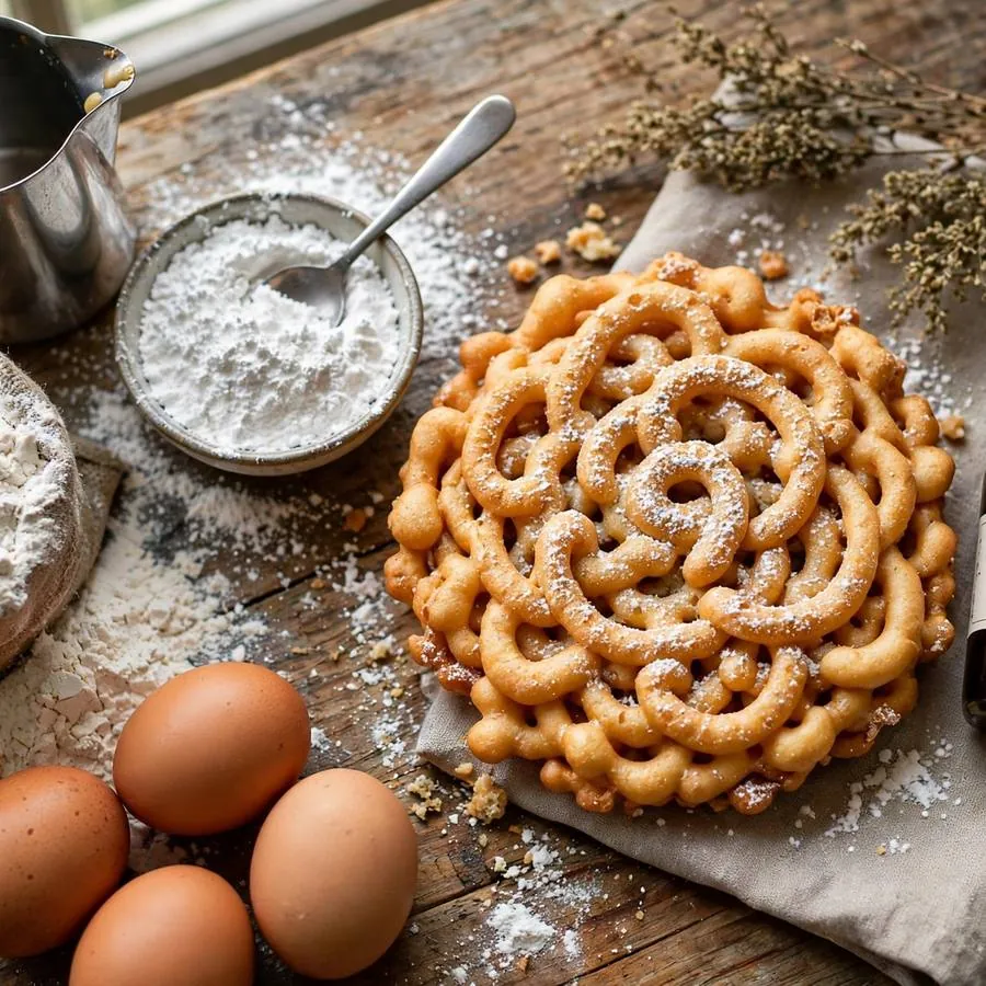 Funnel cake cookie with powdered sugar, flour and funnel pitcher on a wooden table