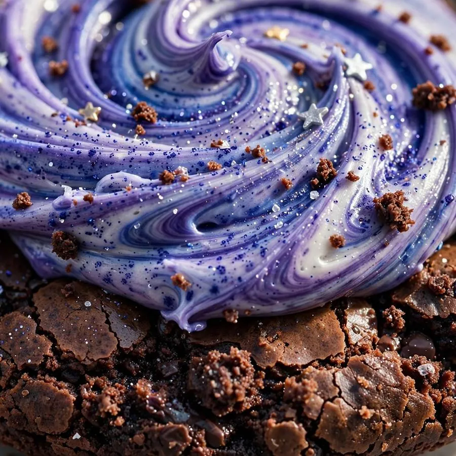 Extreme close-up of the Galaxy Brownie Crumbl Cookie showing purple-blue swirl frosting over fudgy brownie detail