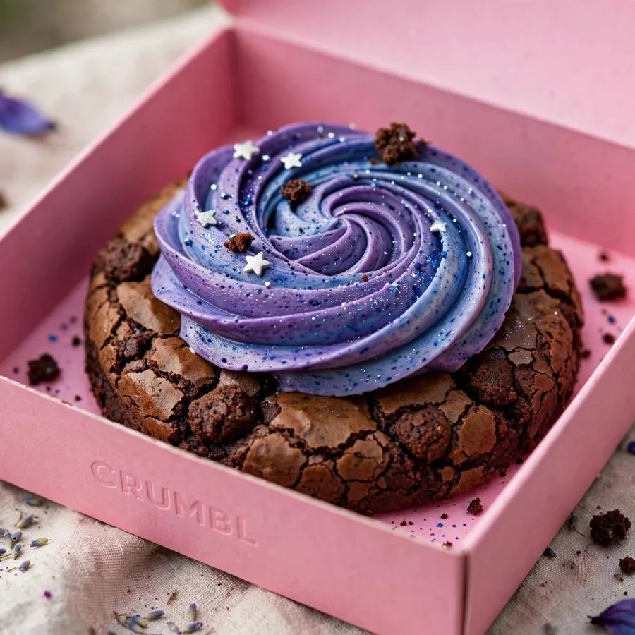 Galaxy Brownie Crumbl Cookie served in a pink bakery box