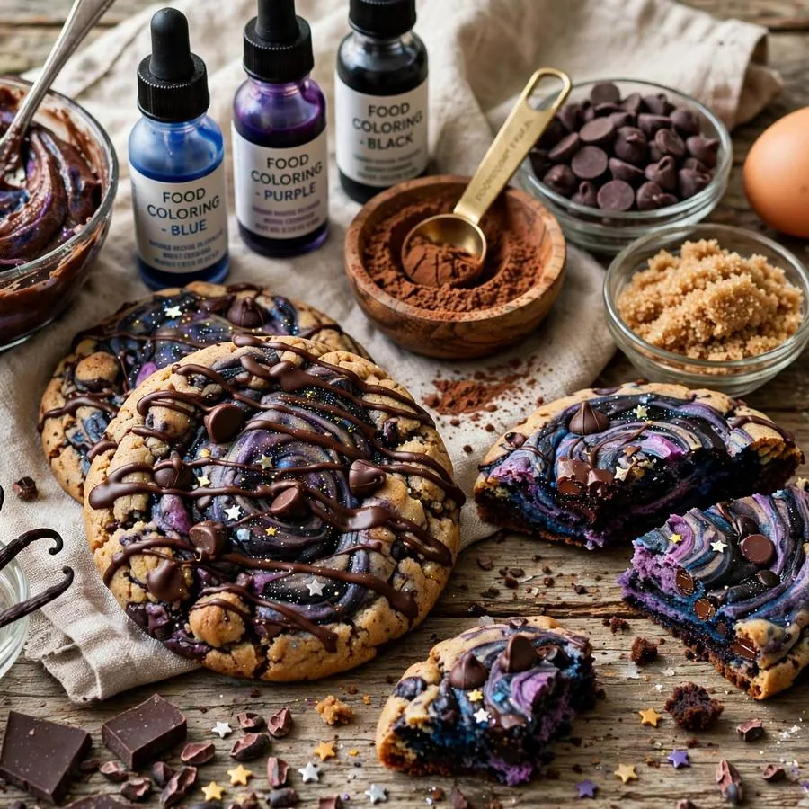 Galaxy Brownie Crumbl Cookie with chocolate, food coloring and brownie batter arranged on a rustic wooden table