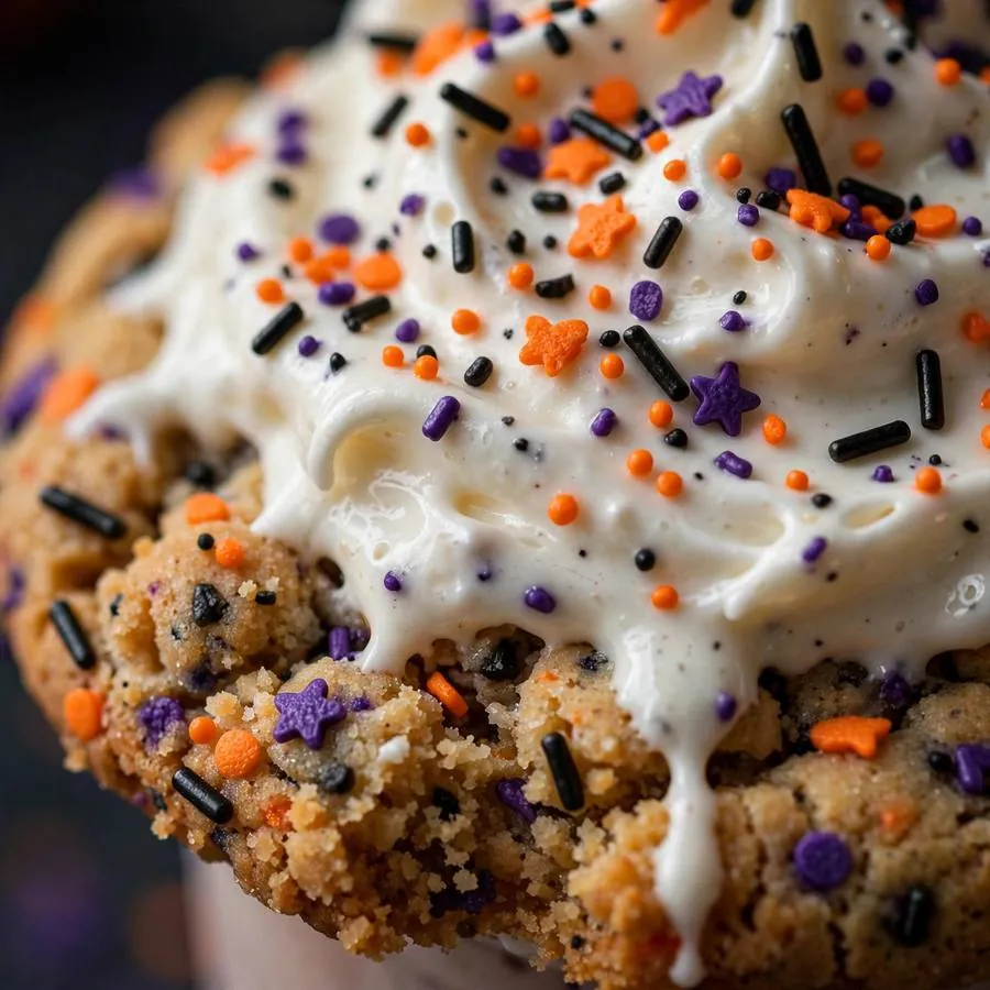 Orange, black and purple sprinkles over milkshake cream