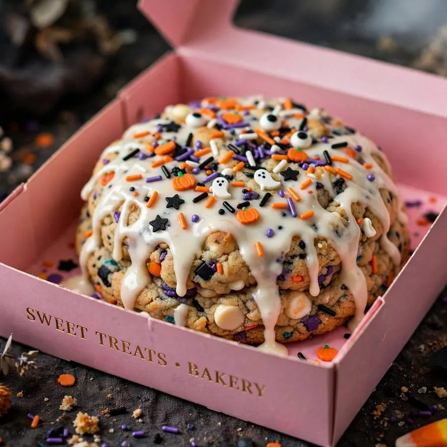 Halloween Confetti Milkshake cookie in a pink bakery box