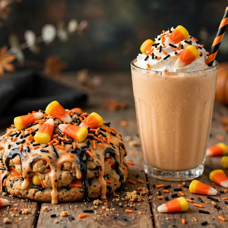 Halloween cookie with orange and black sprinkles and candy corn on a wooden table