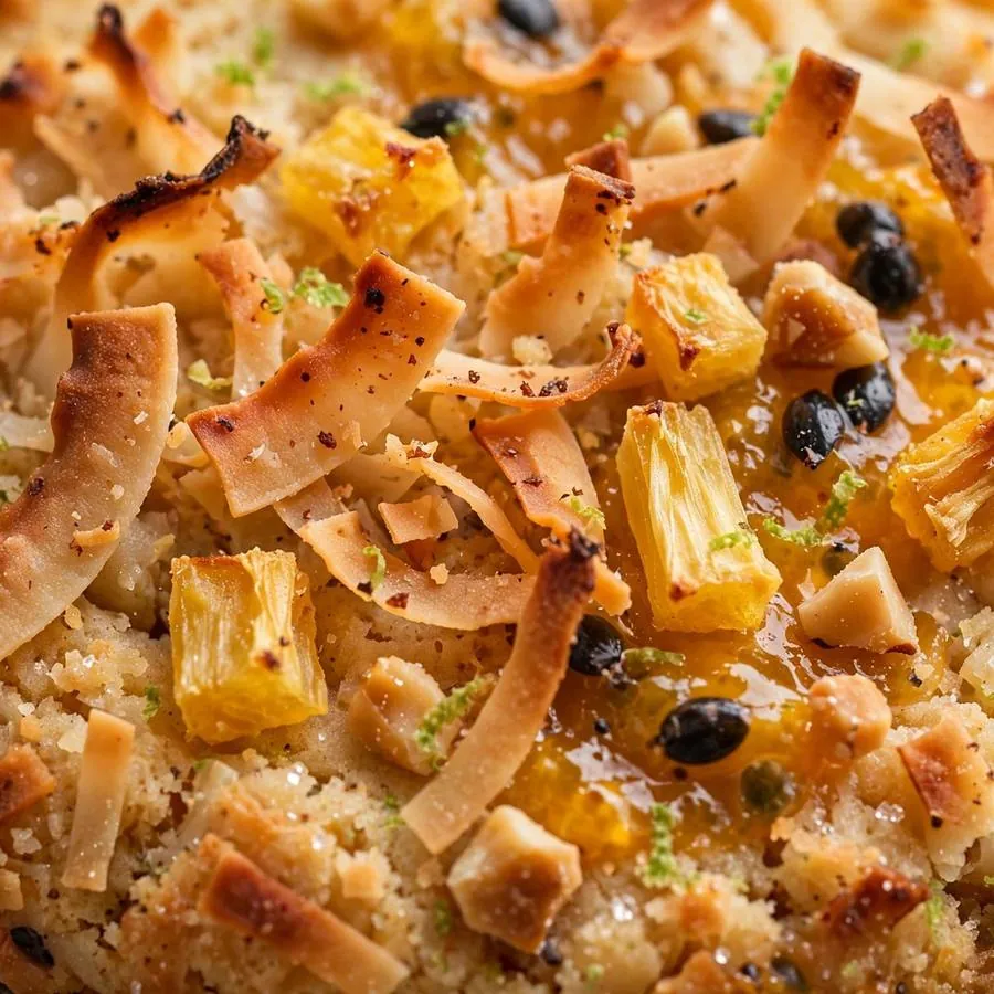 Extreme close-up of toasted coconut flakes layered over a golden cookie