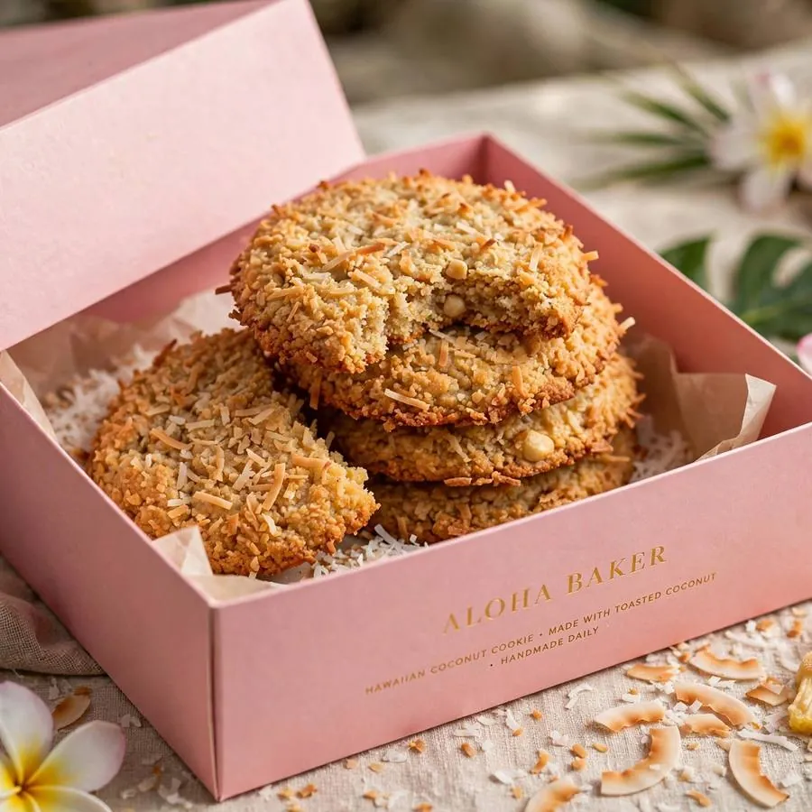 Hawaiian coconut cookie served in a pink bakery box