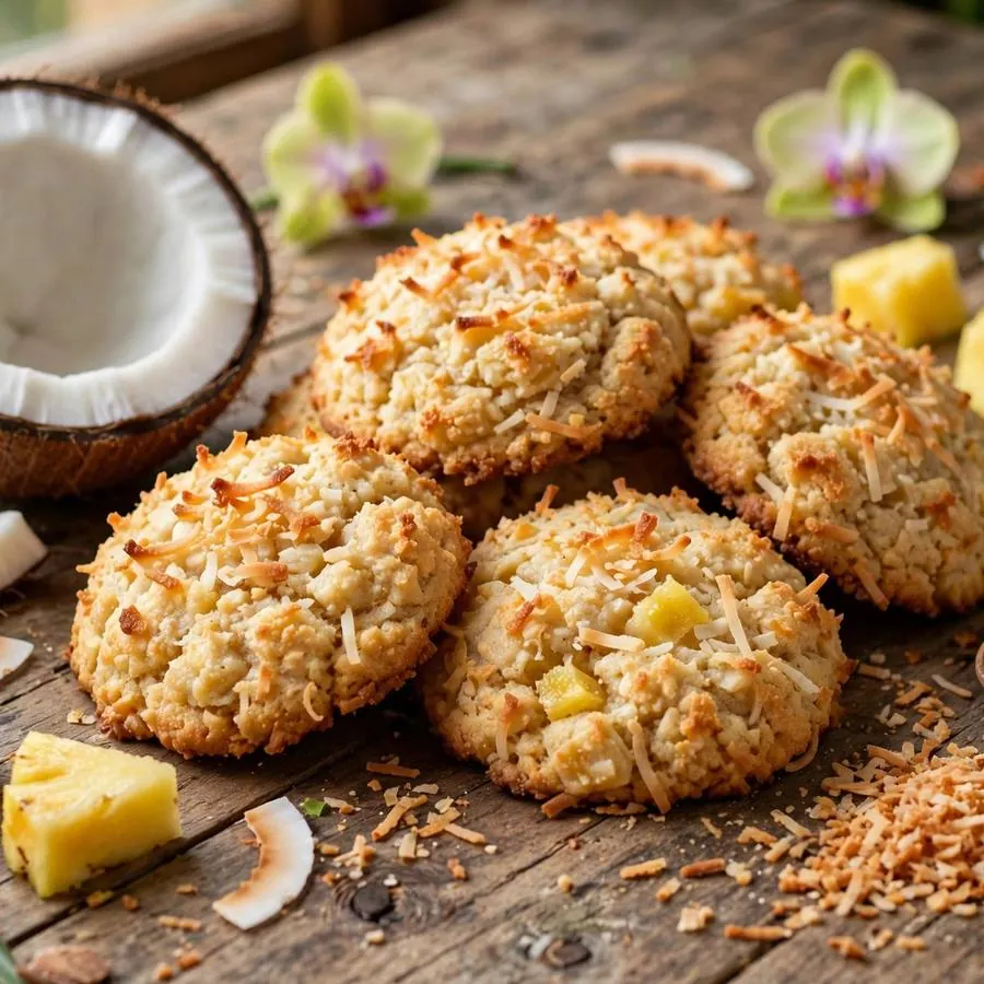 Hawaiian coconut cookie beside fresh coconut, pineapple pieces and toasted coconut flakes on a wooden table