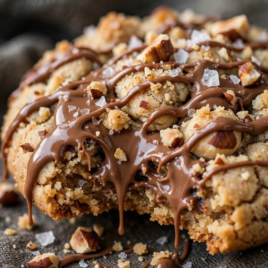Hazelnut drizzle and flaky sea salt on Hazelnut Sea Salt Crumbl Cookie