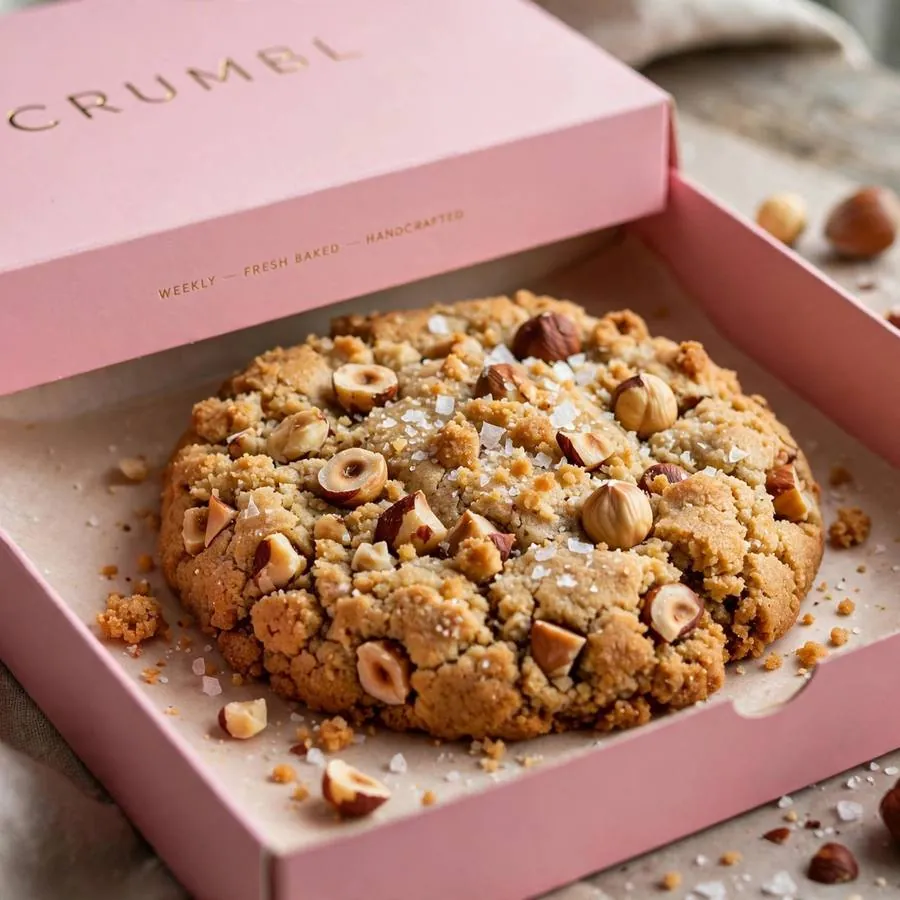 Hazelnut Sea Salt Crumbl Cookie in a pink bakery box