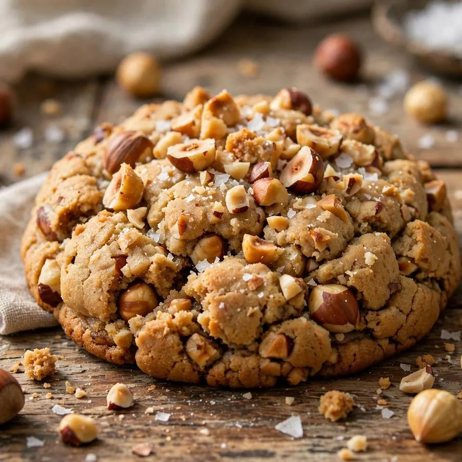 Hazelnut Sea Salt Crumbl Cookie with roasted hazelnuts, flaky sea salt and hazelnut spread