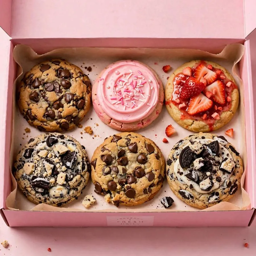 Crumbl Menu - assorted gourmet cookies in a pink bakery box