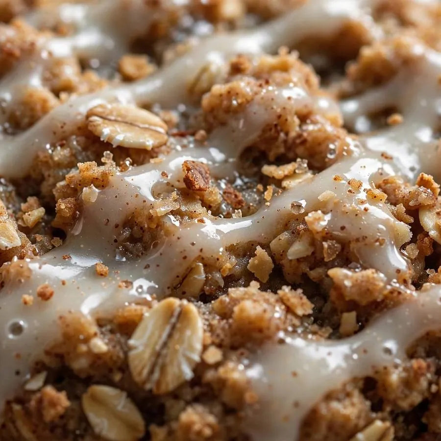 Vanilla glaze drizzle over the chunky spiced oatmeal cookie