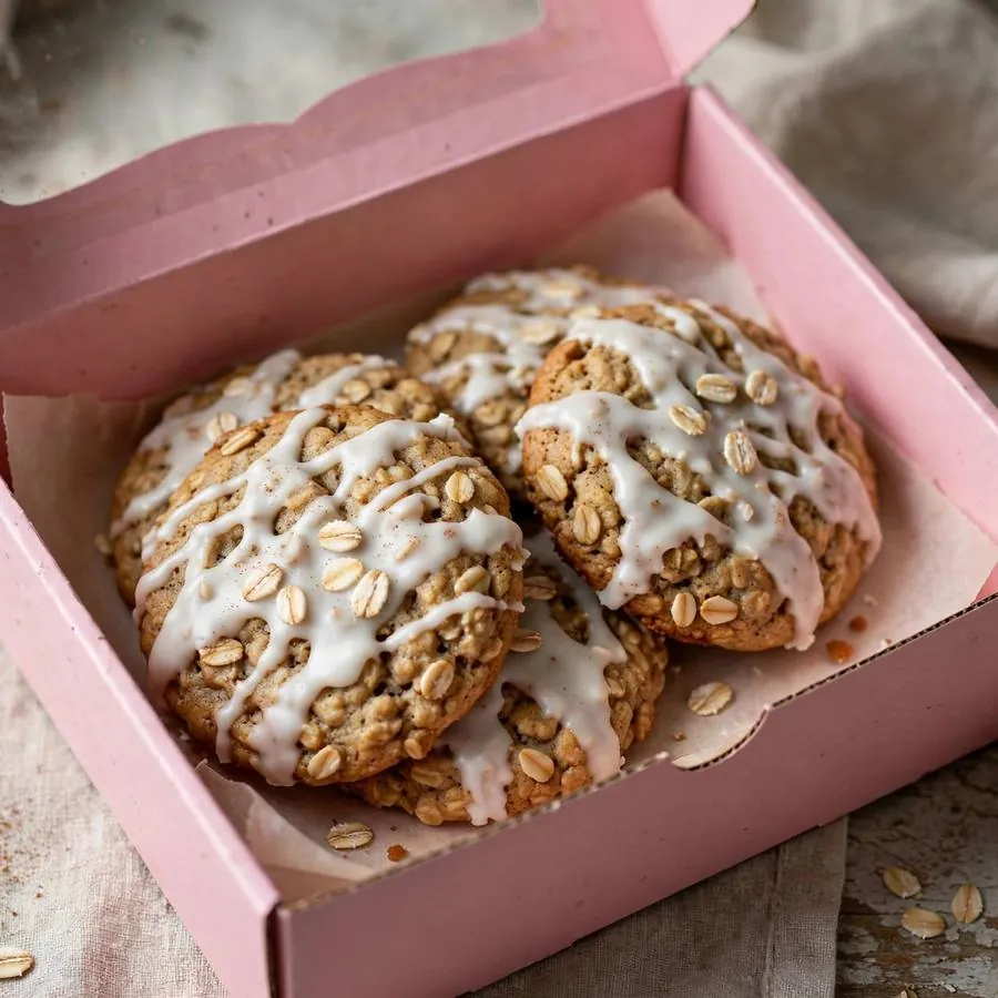 Iced oatmeal cookie presented in a pink Crumbl bakery box