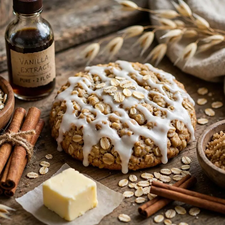 Iced oatmeal cookie with rolled oats, cinnamon and vanilla on a wooden table