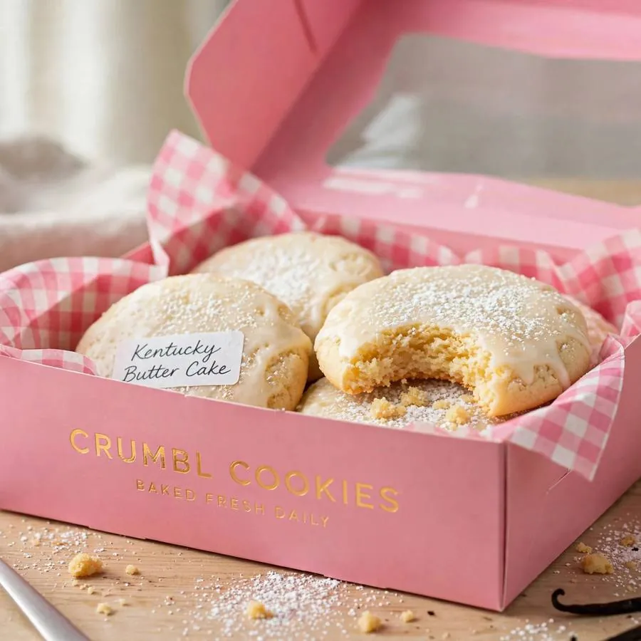 Kentucky Butter Cake Crumbl Cookie served in a pink bakery box