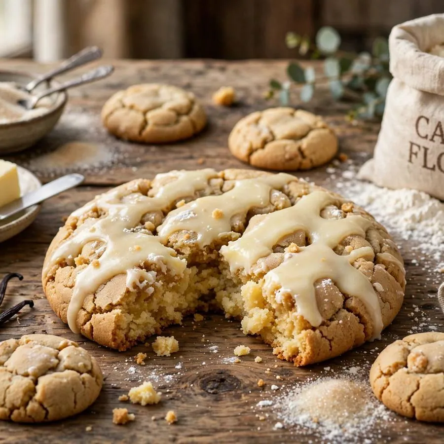Kentucky Butter Cake Crumbl Cookie with butter, vanilla, sugar and cake flour arranged on a rustic wooden table