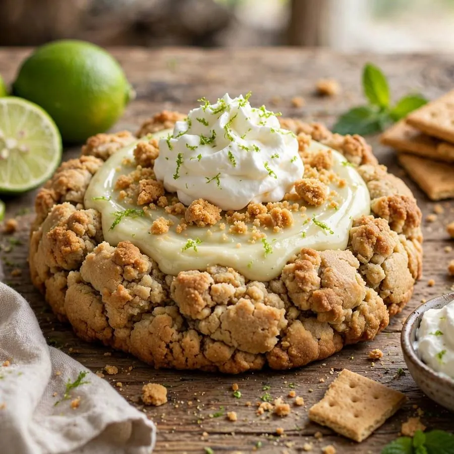 Key Lime Pie cookie with fresh limes, graham crackers and whipped cream on a wooden table Key Lime Pie cookie with fresh limes, graham crackers and whipped cream on a wooden table