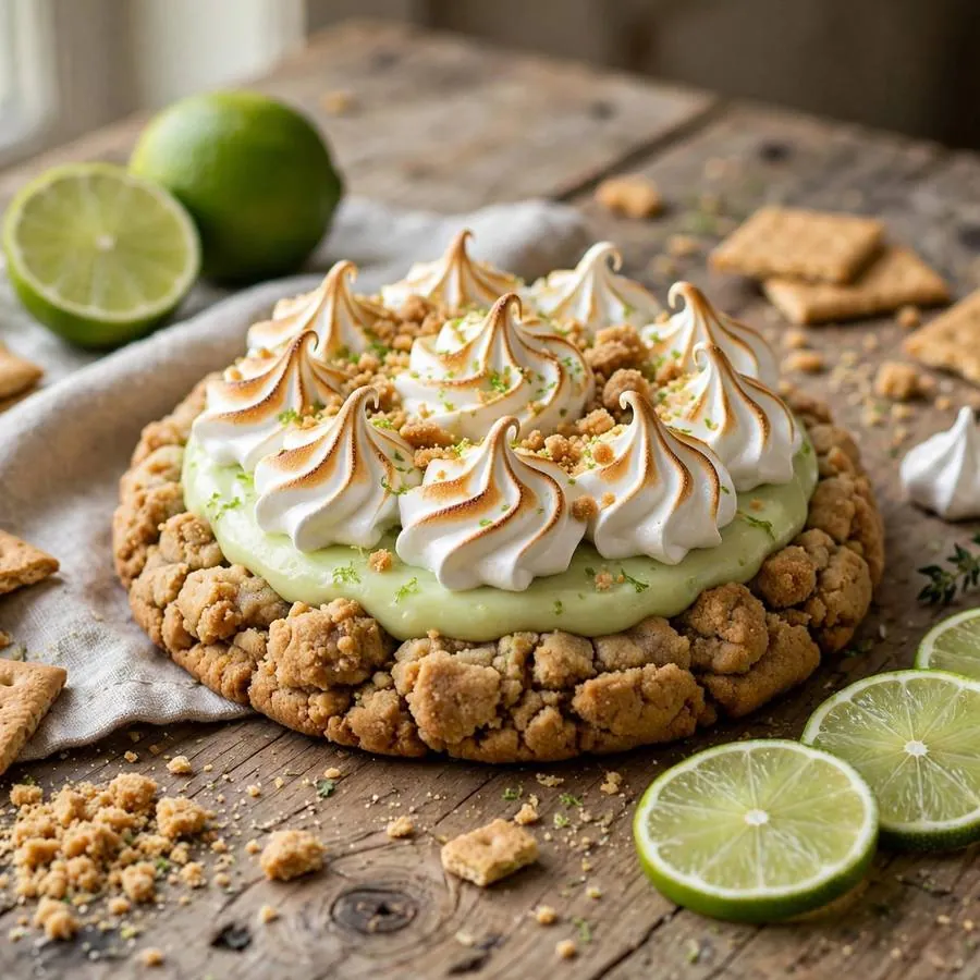Key Lime Pie cookie with sliced limes and meringue on a wooden table