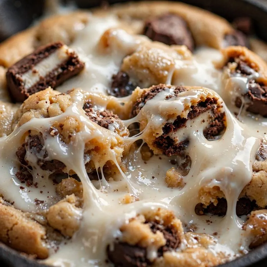 Extreme close-up of melted cream and cookie chunks in a warm skillet cookie