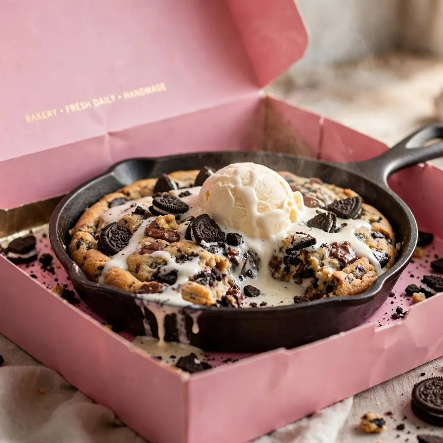 Cookies and cream skillet cookie served warm in a pink bakery box