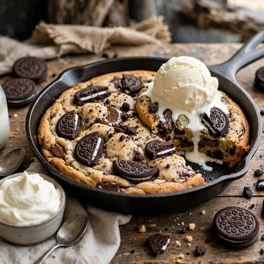 Cookies and cream skillet cookie beside sandwich cookies, vanilla ice cream and cream on a wooden table