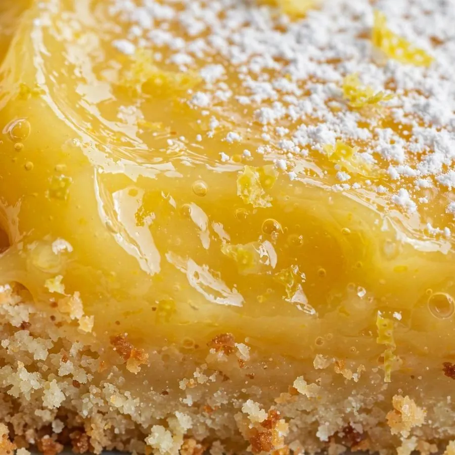 Extreme close-up of tangy lemon curd topping dusted with powdered sugar on a shortbread cookie